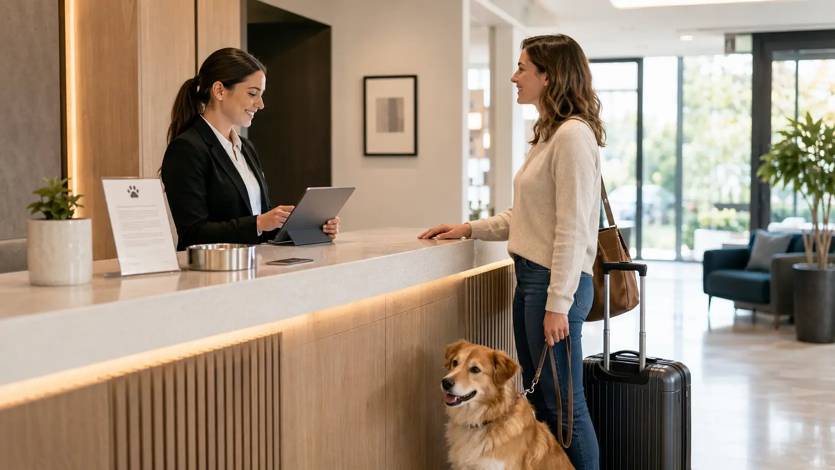 Recepcionista de hotel recibiendo a un huésped con su mascota en una llegada preparada.