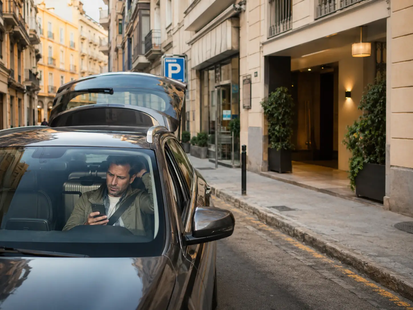 Personal del hotel coordinando la llegada de un huésped en coche junto al parking.