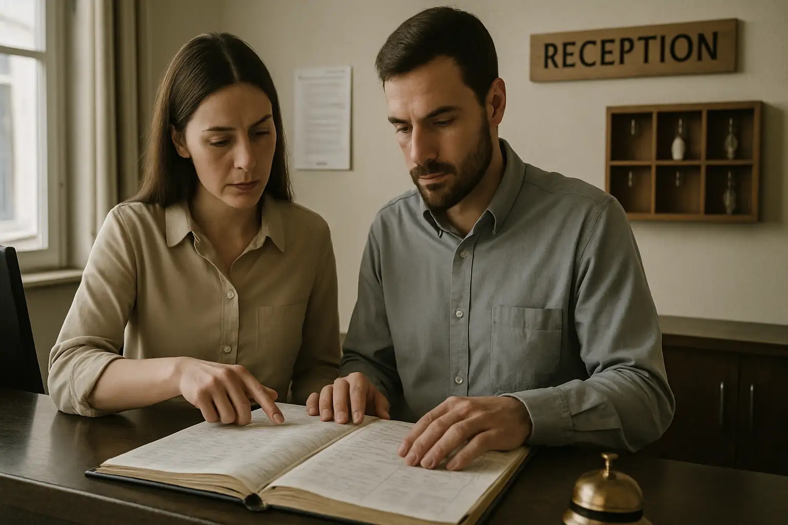 Dos recepcionistas revisando incidencias y llegadas durante un cambio de turno en un hotel.