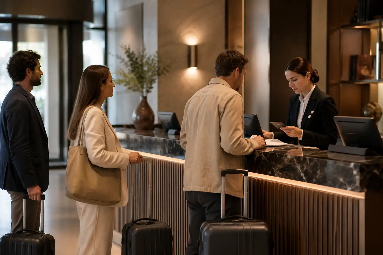 Equipo de recepción coordinando llegadas y check-ins en un hotel.