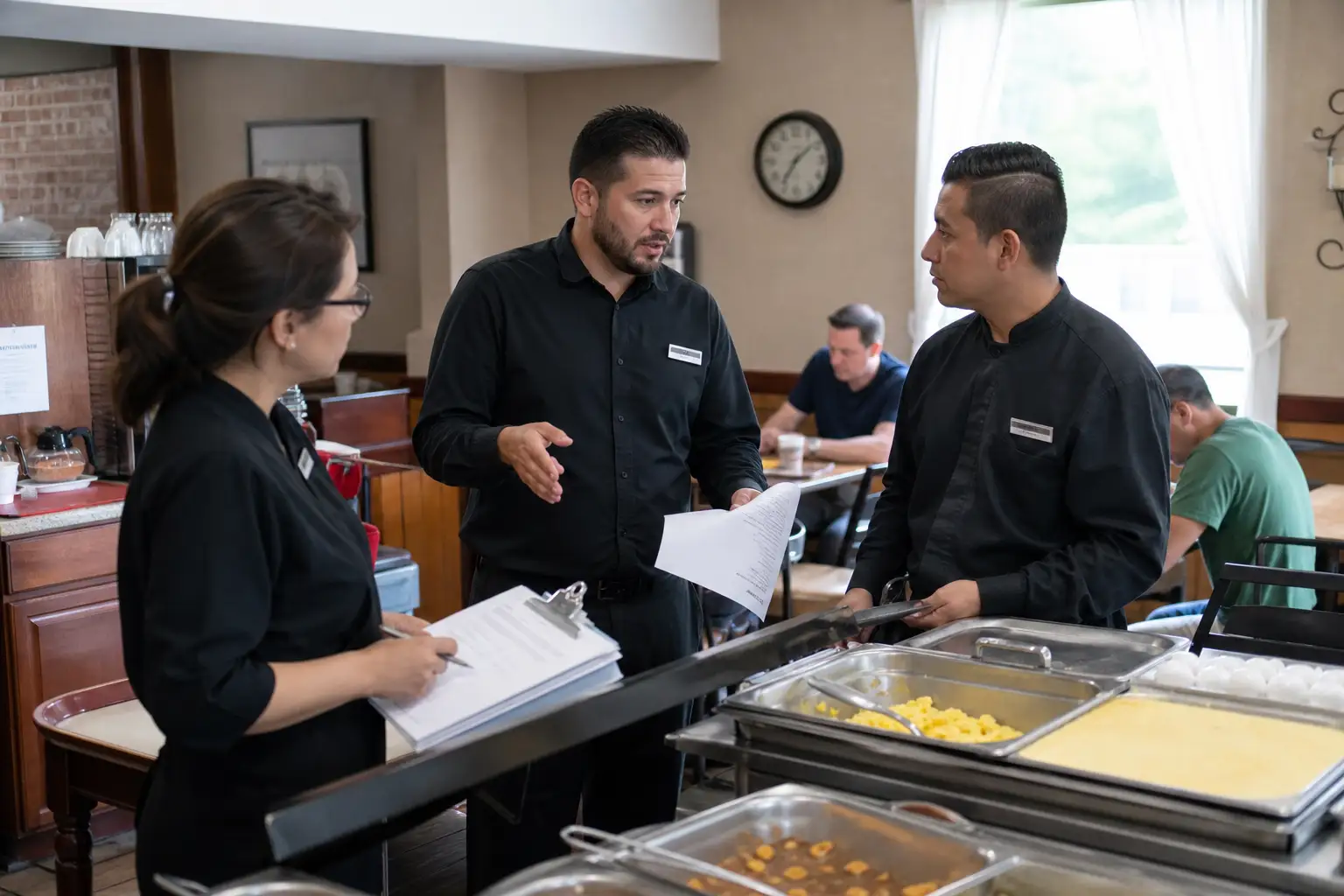 Responsable del desayuno coordinando el servicio en el comedor de un hotel.