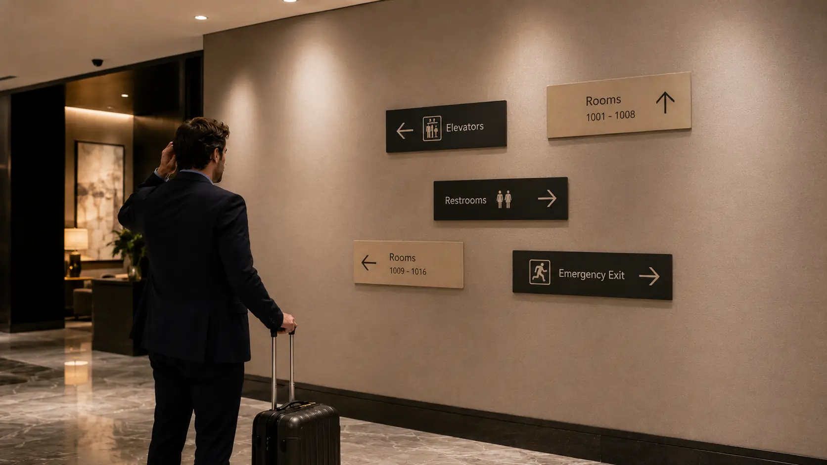 Responsable del hotel revisando la señalización interior y los recorridos de huéspedes.