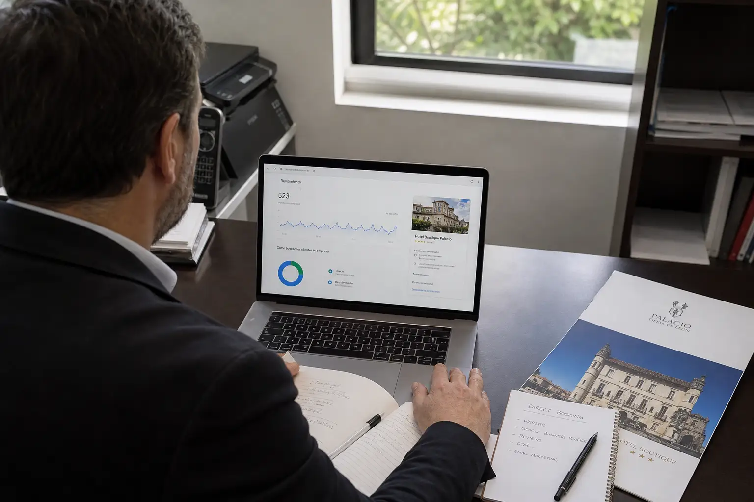 Responsable de hotel analizando el perfil de Google Business en back office.