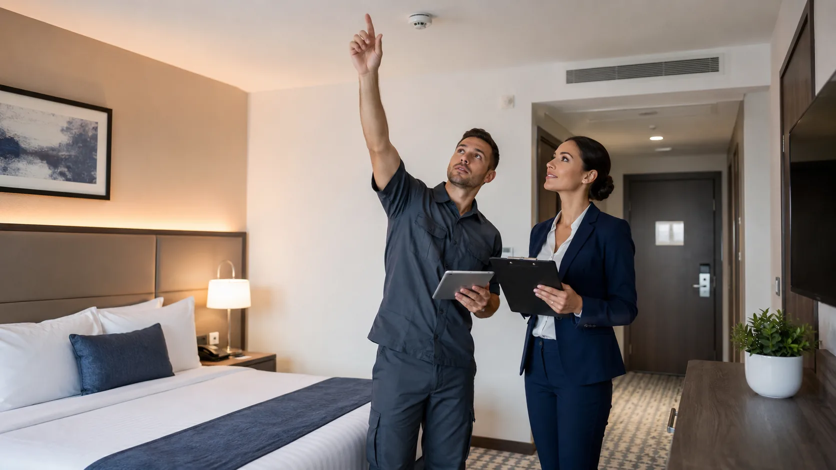 Técnico de mantenimiento revisando una habitación de hotel con una lista de control preventiva.