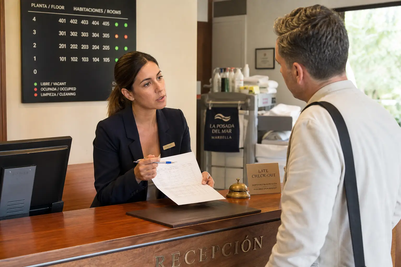 Recepcionista de hotel atendiendo una salida tardía mientras el equipo de pisos trabaja.