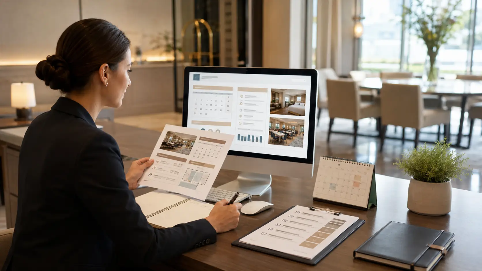 Responsable comercial de hotel preparando un presupuesto para un grupo pequeño.