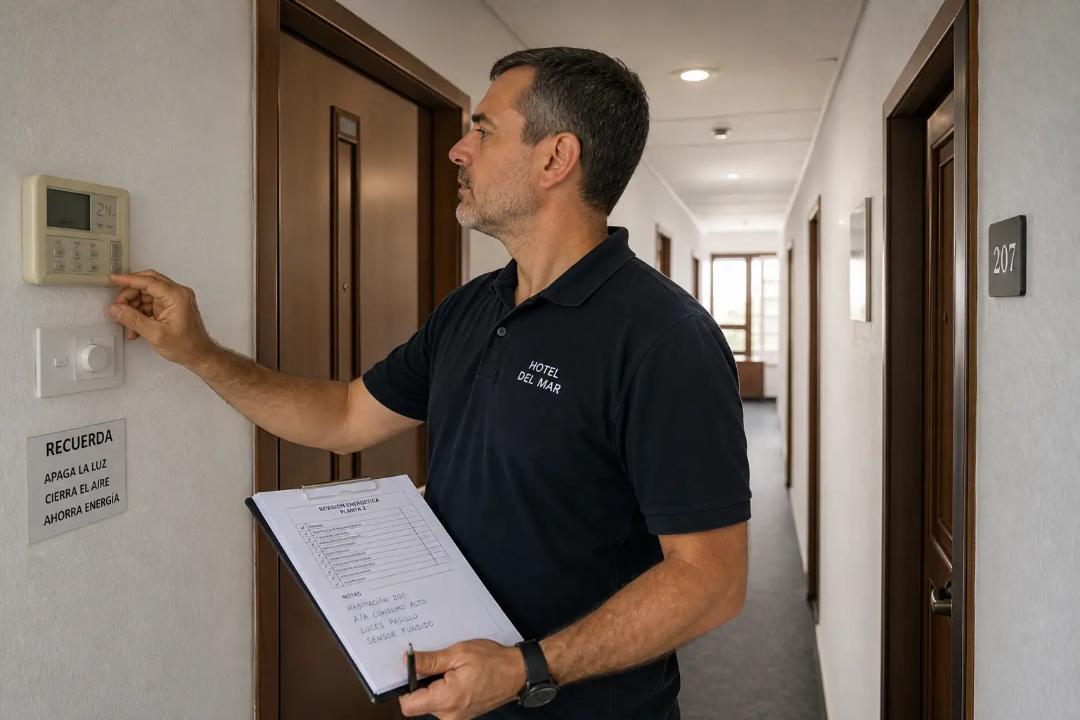Responsable de mantenimiento revisando consumos y equipos en un pasillo de hotel.