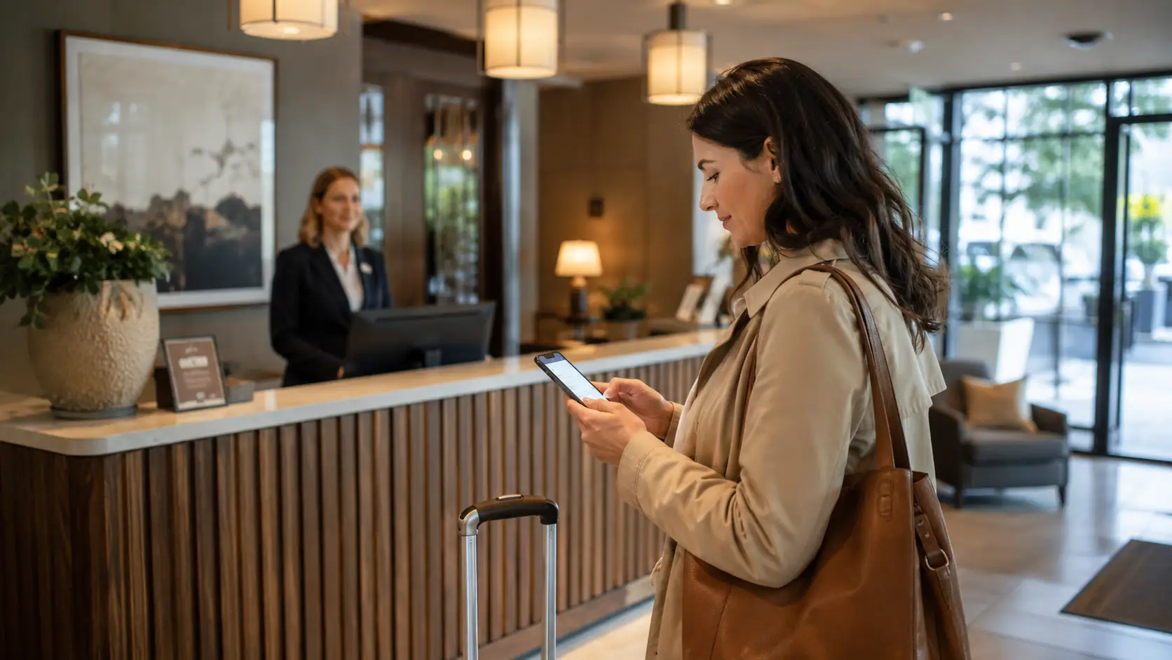 Huésped usando self check-in en un hotel mientras el equipo coordina la llegada y la habitación.