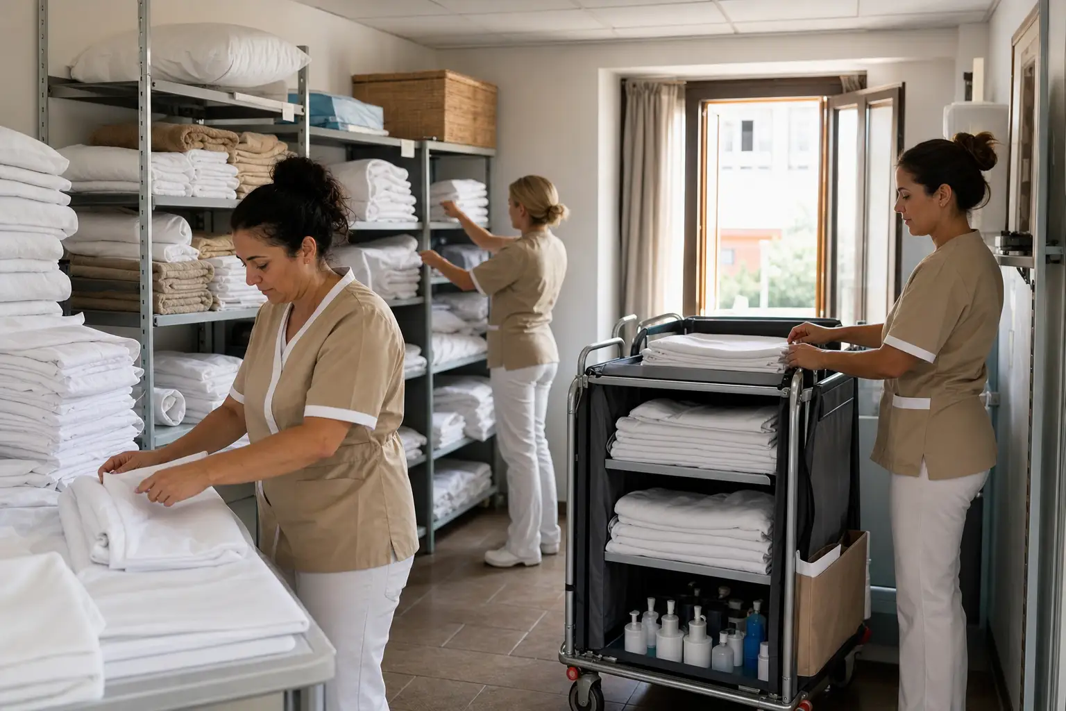 Equipo de pisos preparando ropa de cama y carros para las habitaciones del hotel.
