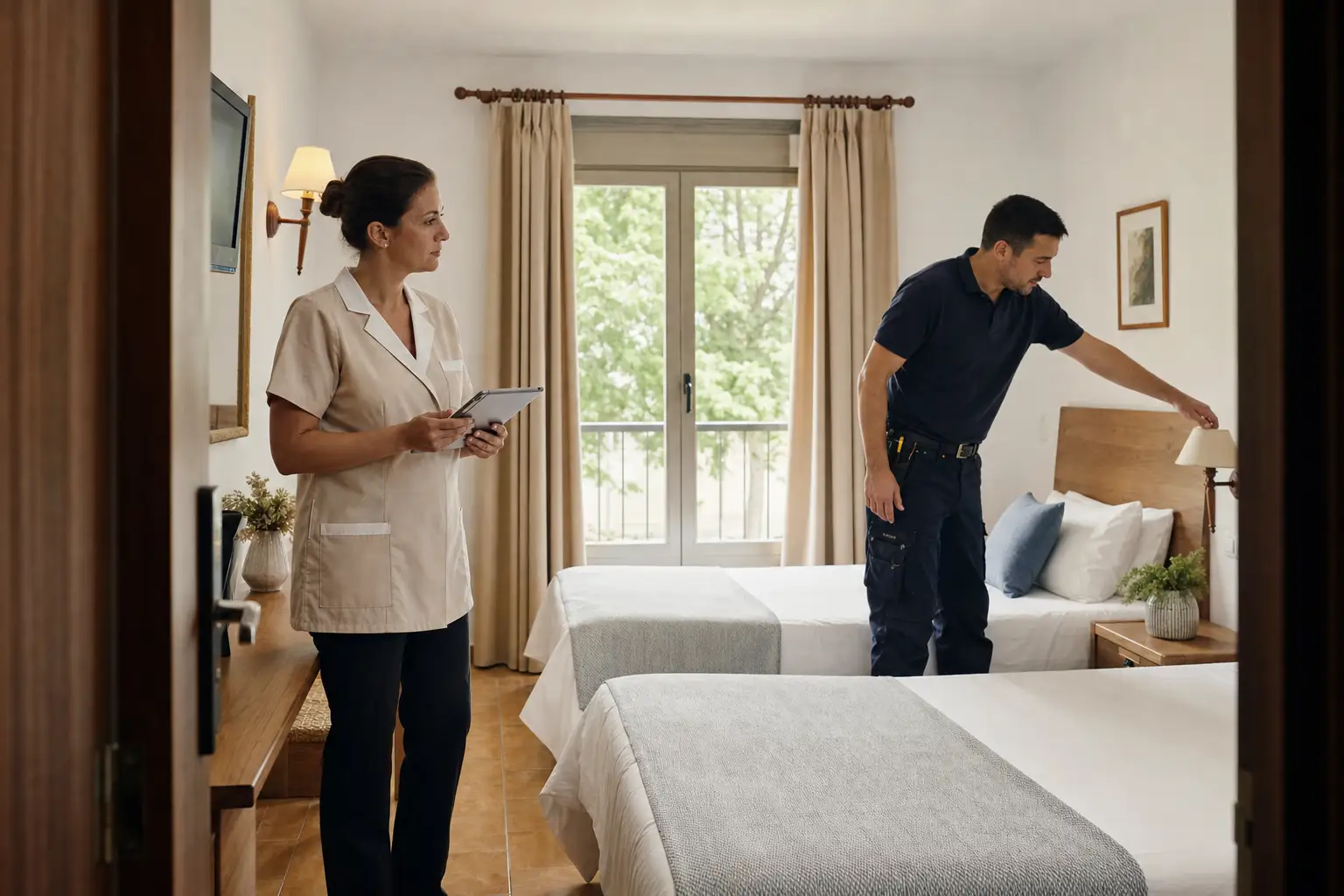 Supervisora de pisos y técnico revisando una habitación antes de devolverla al inventario.