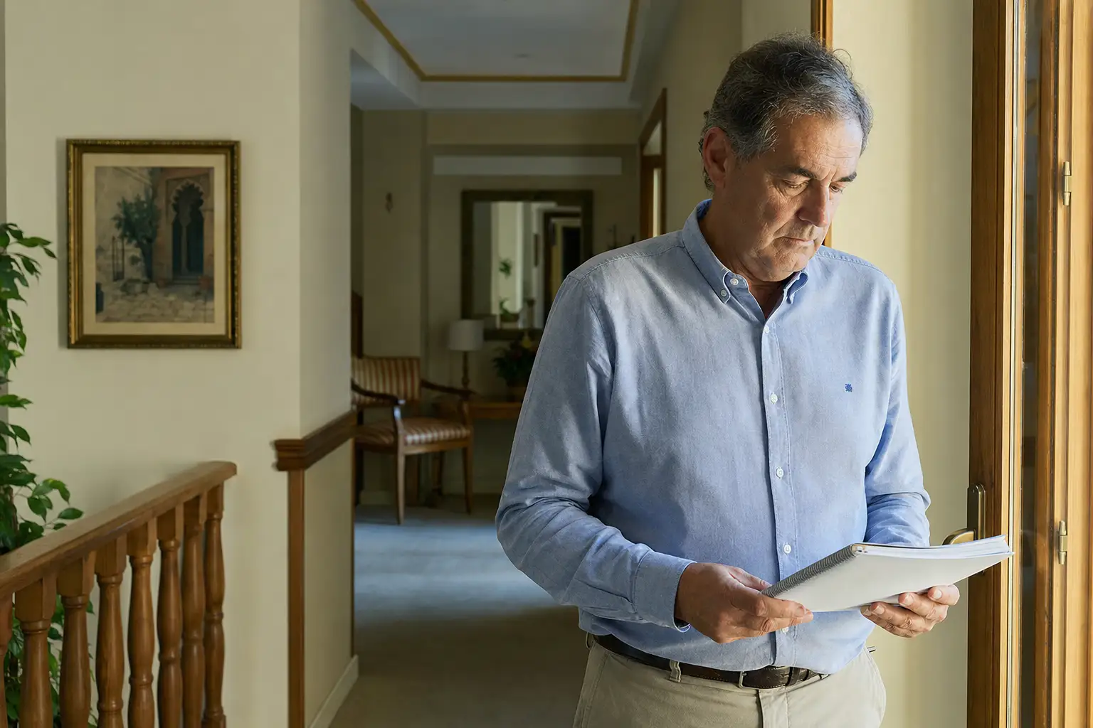 Propietario de hotel revisando notas operativas mientras reflexiona sobre el futuro del negocio.