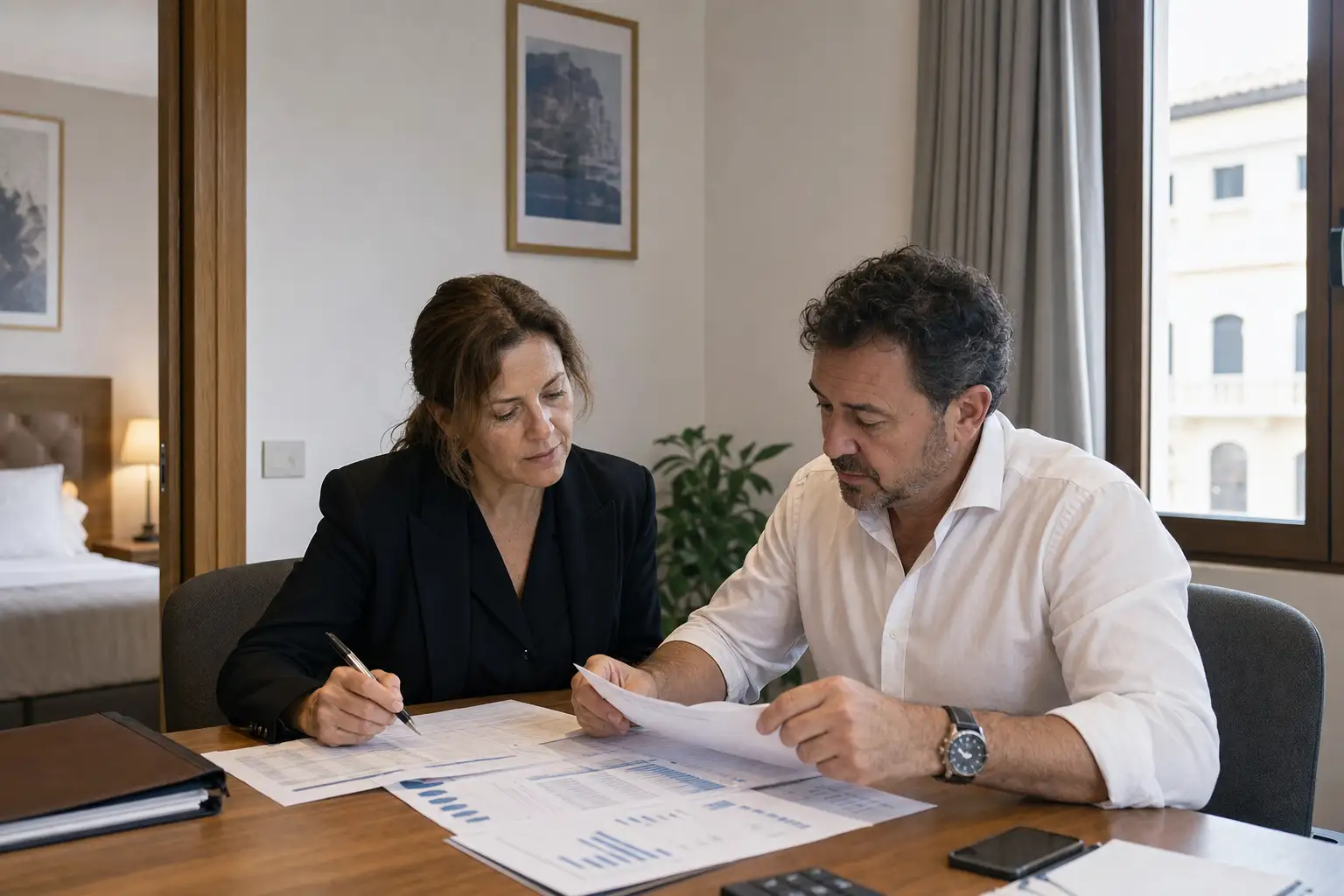 Propietario y gerente de hotel revisando documentación ordenada para una posible venta.