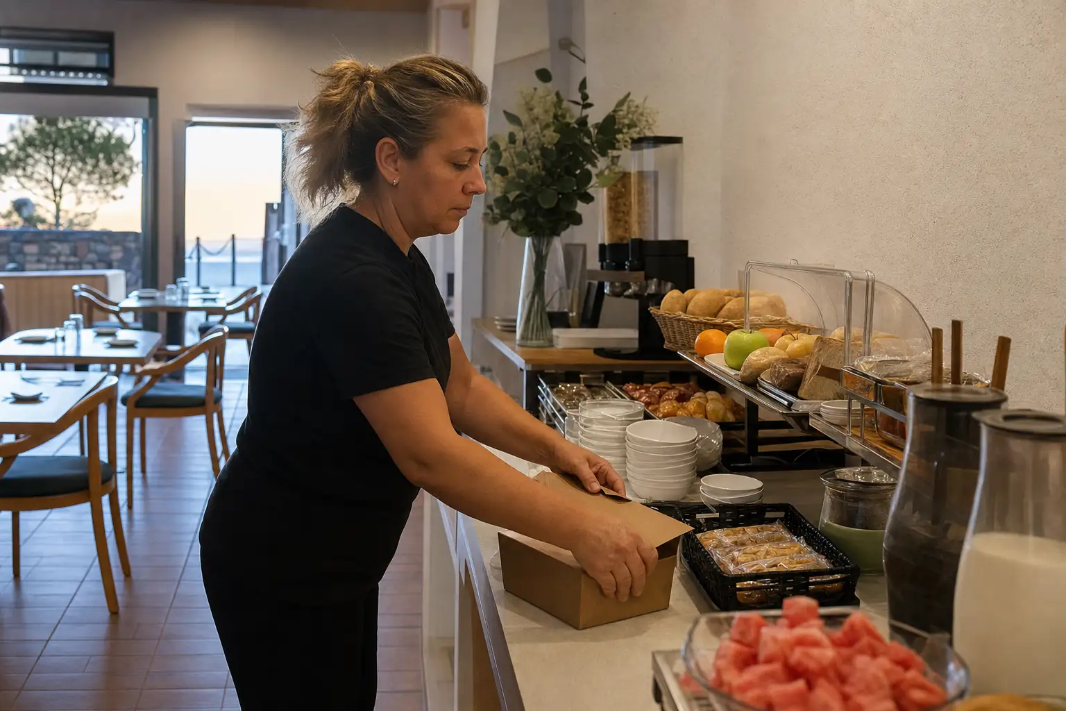 Empleado de hotel preparando un desayuno temprano en una zona de comedor.