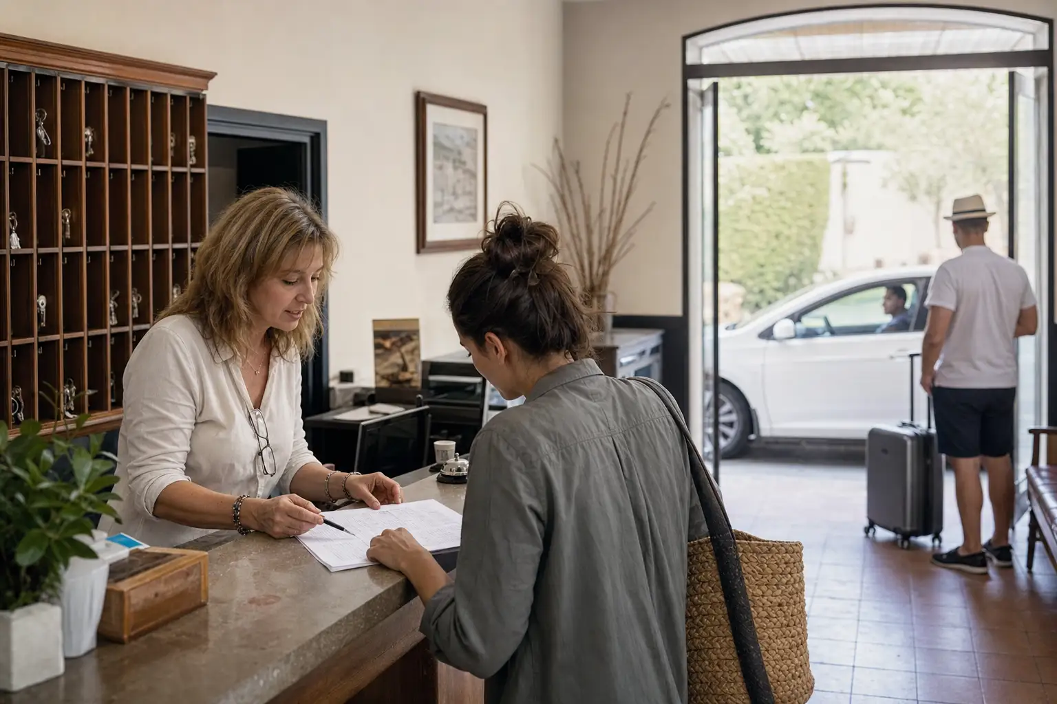 Recepcionista de hotel confirmando un traslado mientras un taxi espera en la entrada.