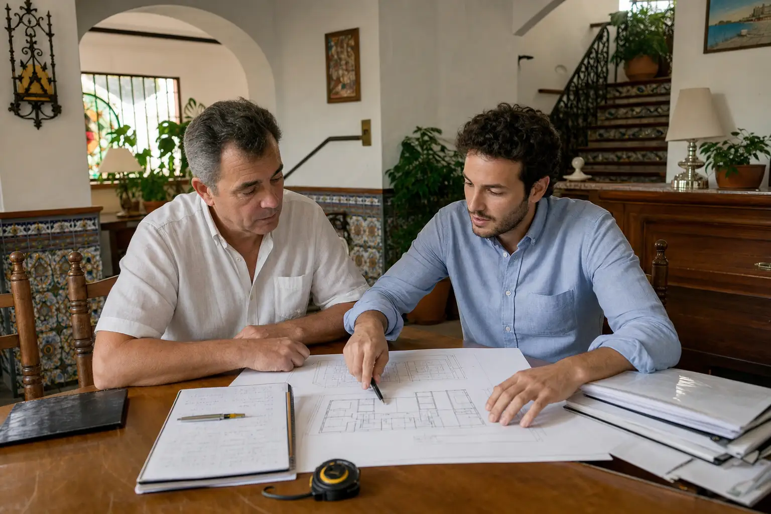Propietario y técnico revisando planos y documentación de espacios del hotel.