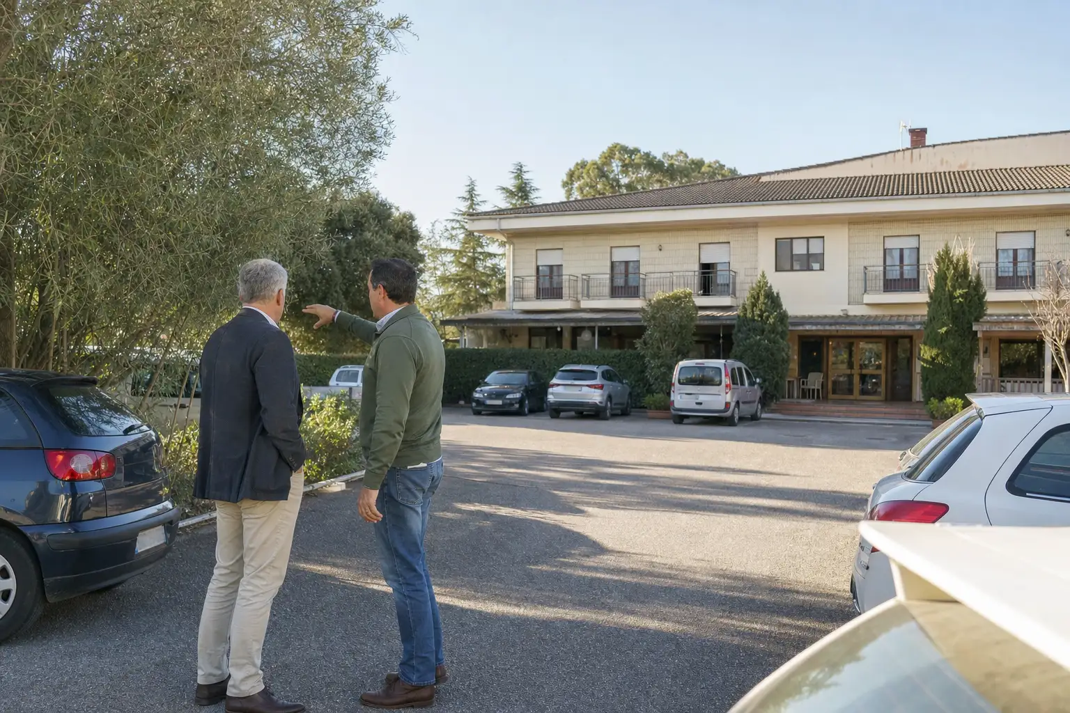 Propietario enseñando el aparcamiento de un hotel a un comprador durante una visita.