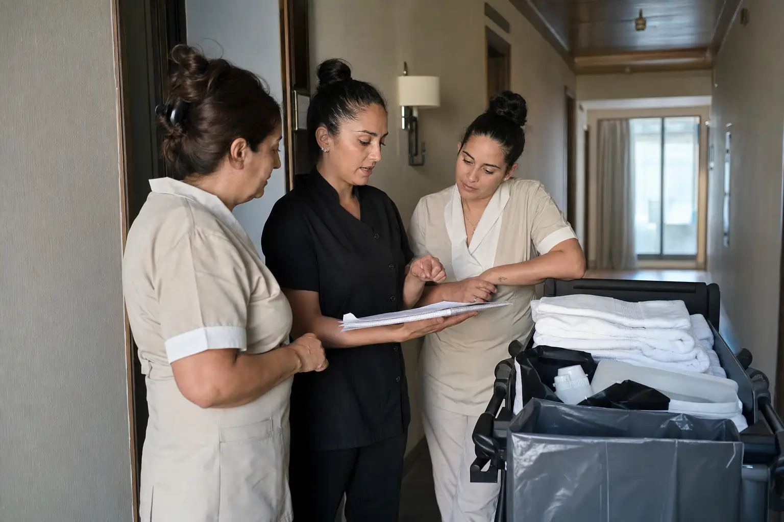 Gobernanta y camareras coordinando prioridades de limpieza en el pasillo de un hotel.