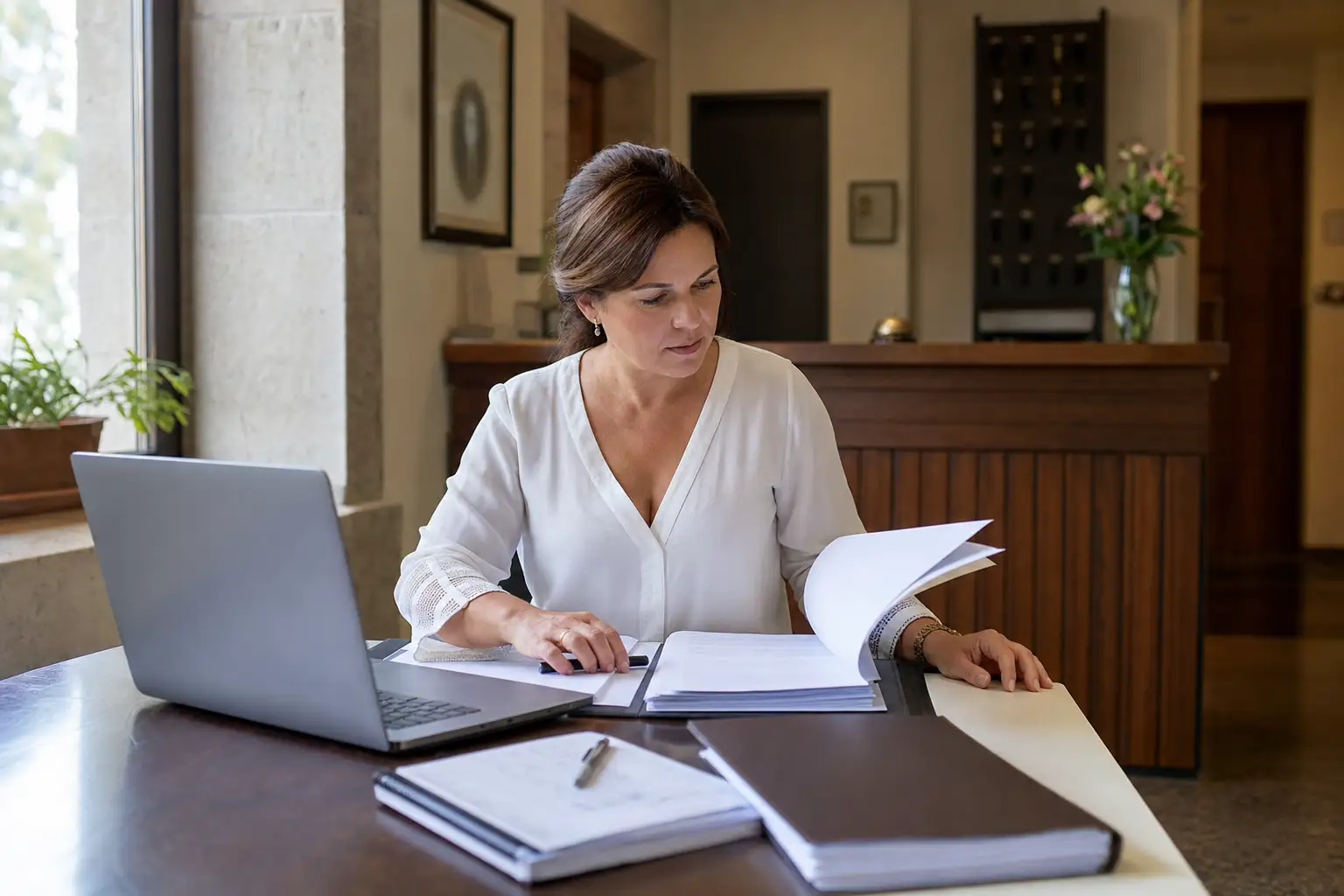 Propietaria ordenando contratos del hotel en una carpeta antes de una revisión de compradores.