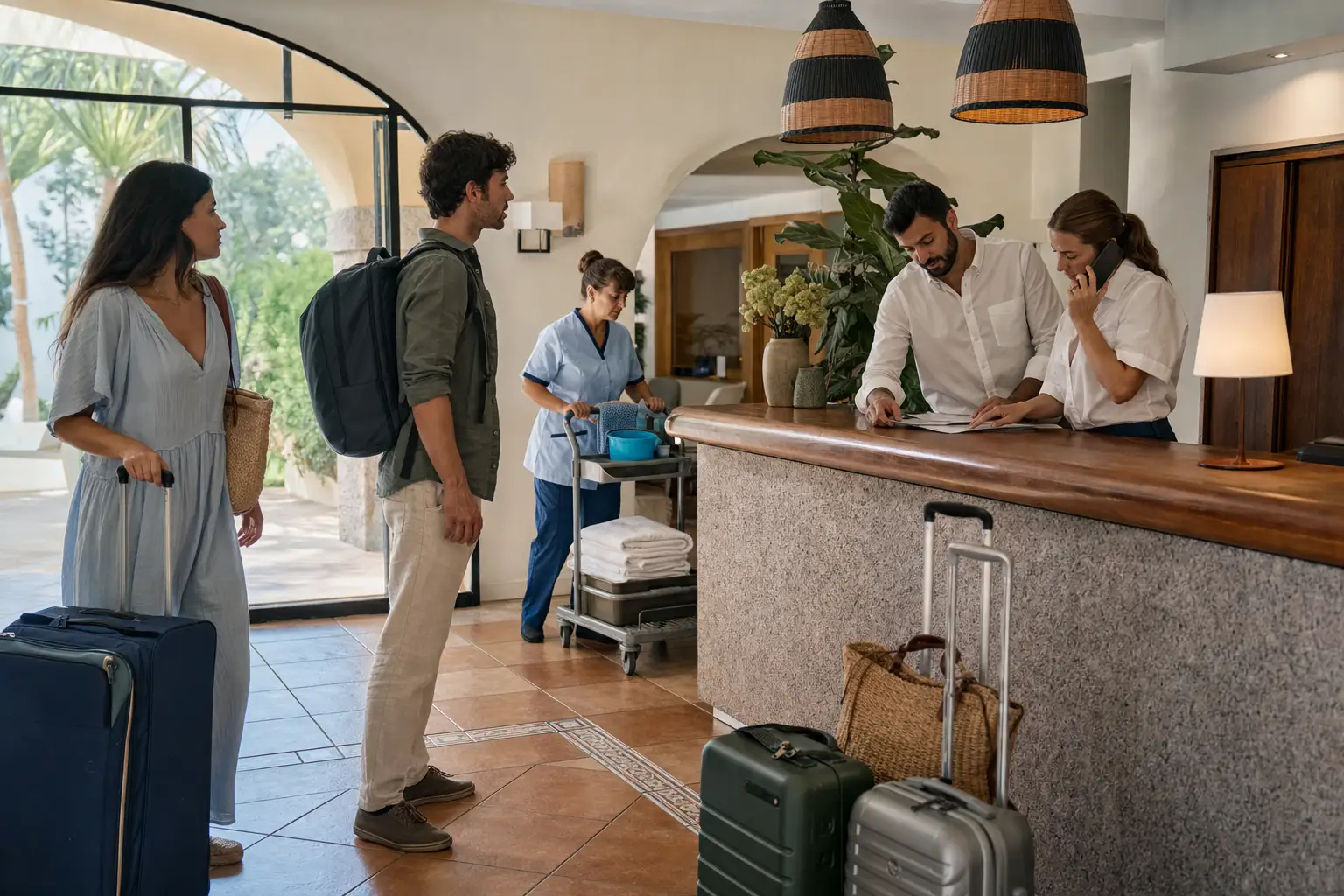 Recepción de hotel coordinando una llegada anticipada de grupo con equipaje en el vestíbulo.