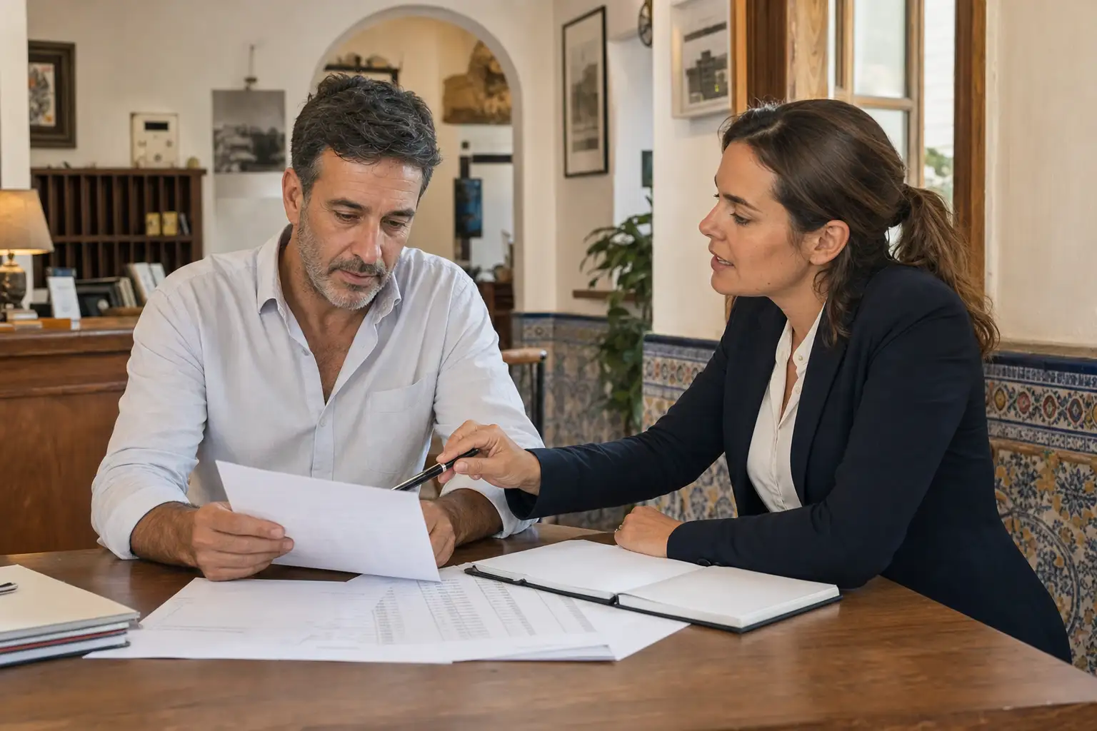 Propietario de hotel revisando un cuadro mensual de gestión con documentación sobre una mesa.