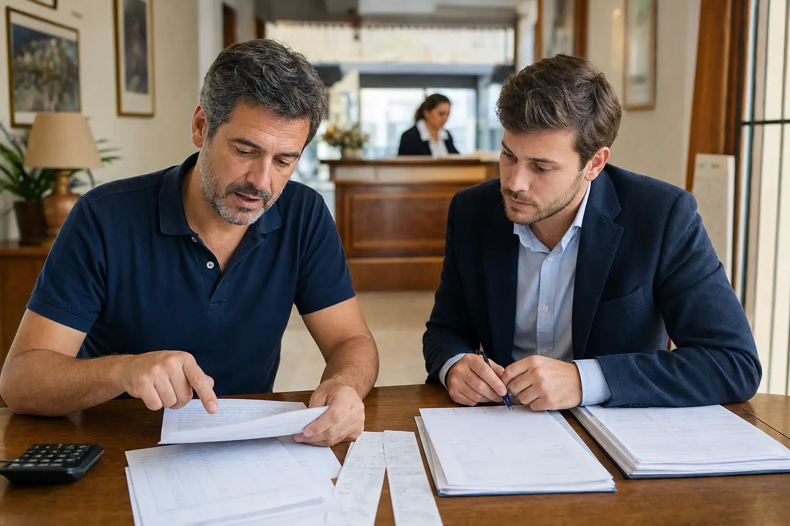 Propietario revisando gastos del hotel con facturas antes de responder a un comprador.