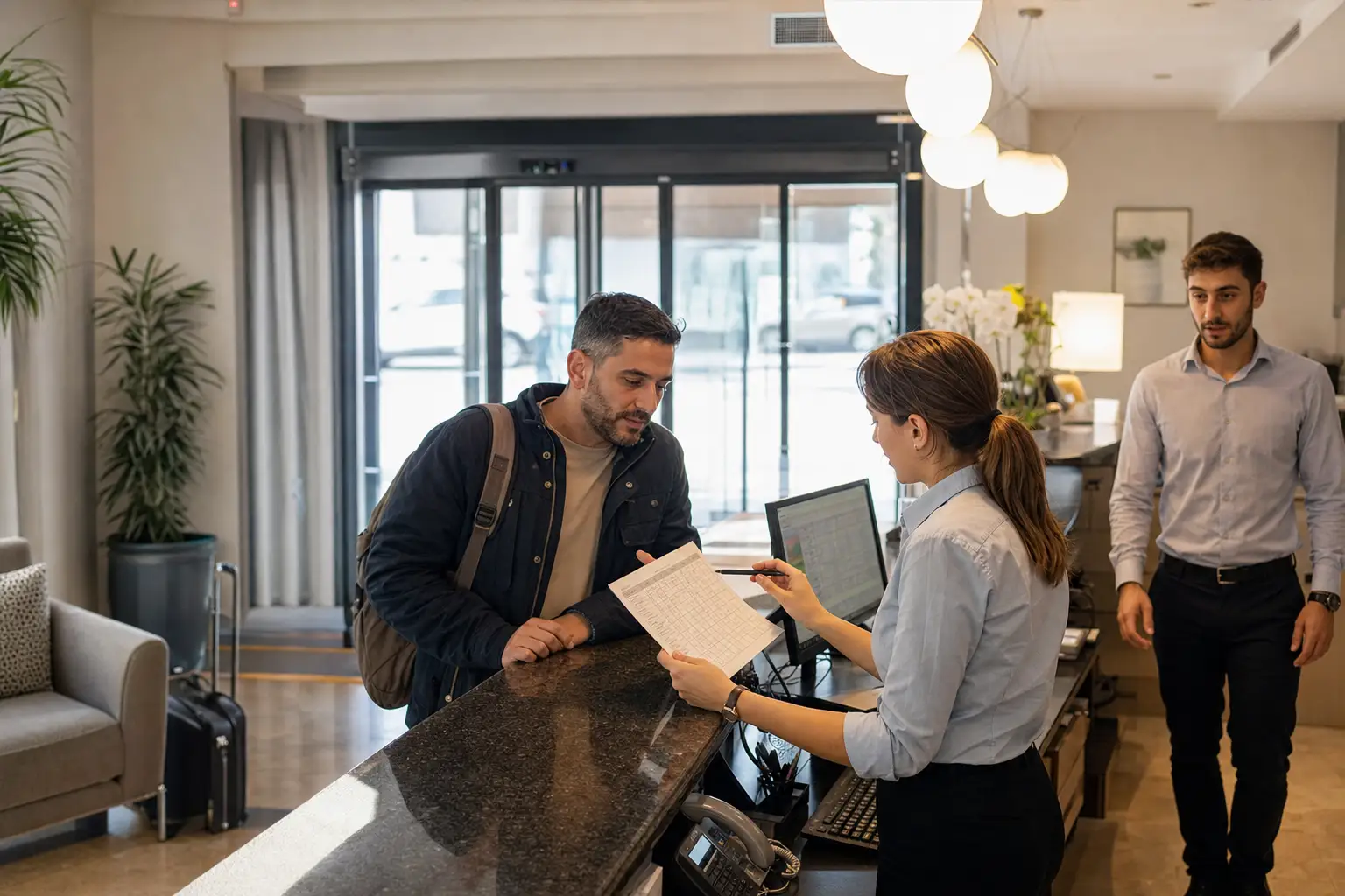 Recepción de hotel revisando turnos y atención en una hora de actividad.