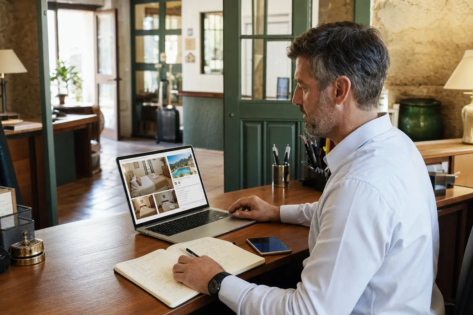 Responsable del hotel revisando la web de reservas en un portátil con teléfono al lado.