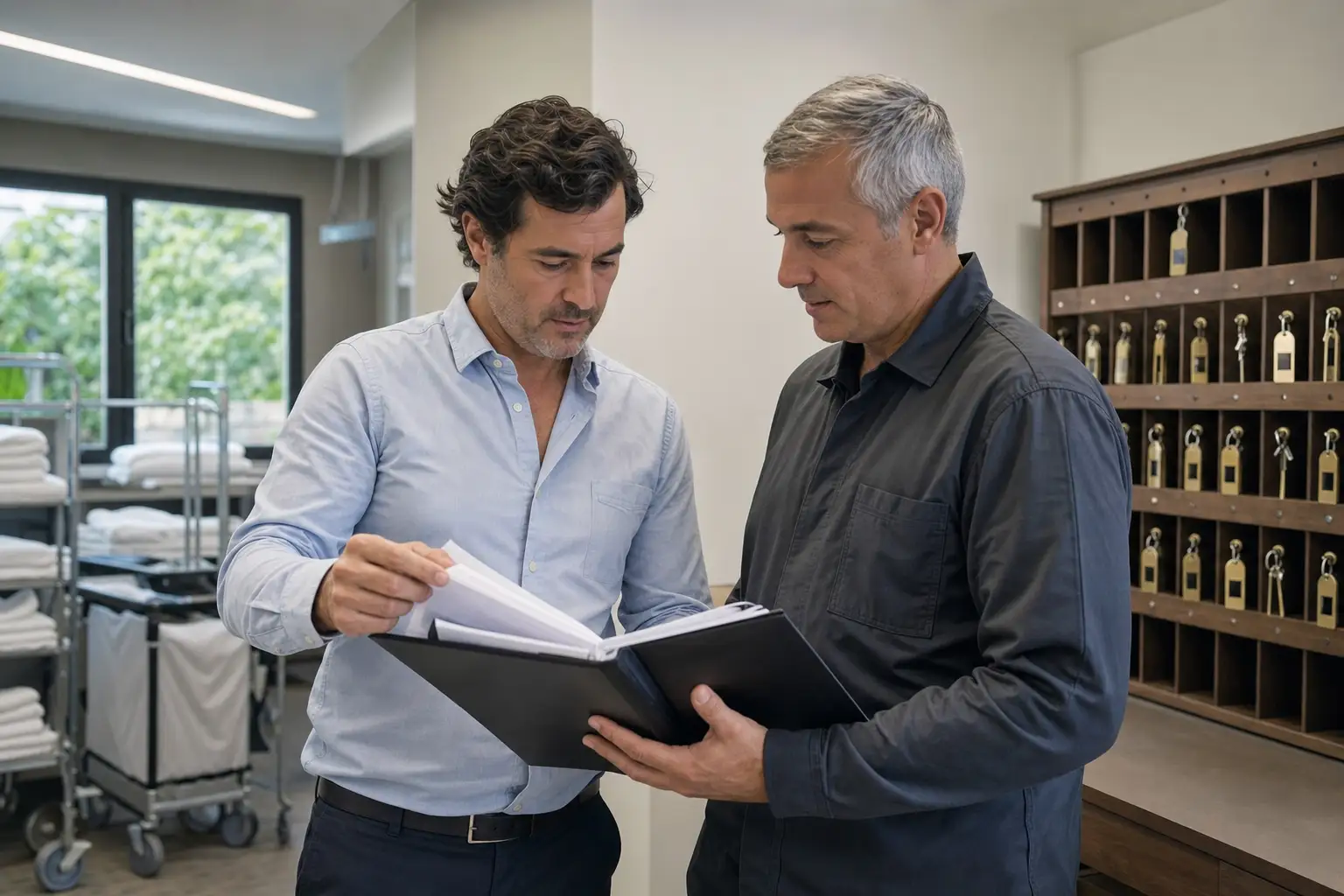 Propietario revisando contratos de proveedores críticos en una zona de servicio del hotel.