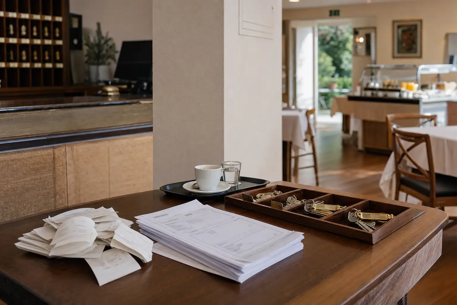 Documentos de ingresos separados junto a llaves de habitación y servicio de desayuno.