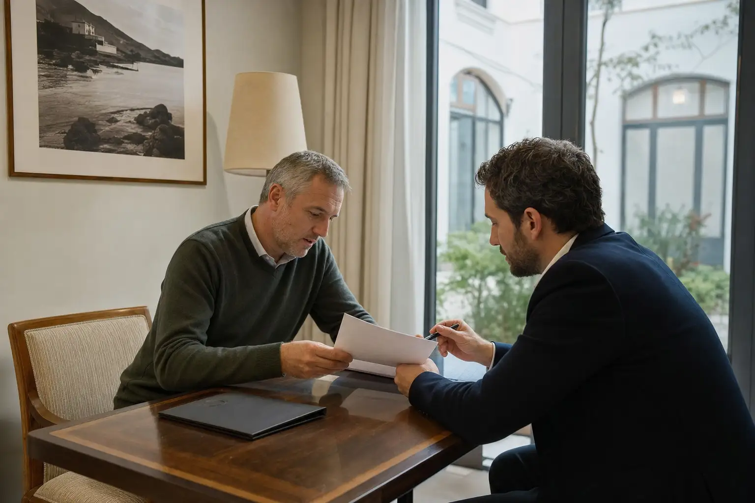 Propietario y asesor revisando una oferta condicionada por financiación en un hotel.