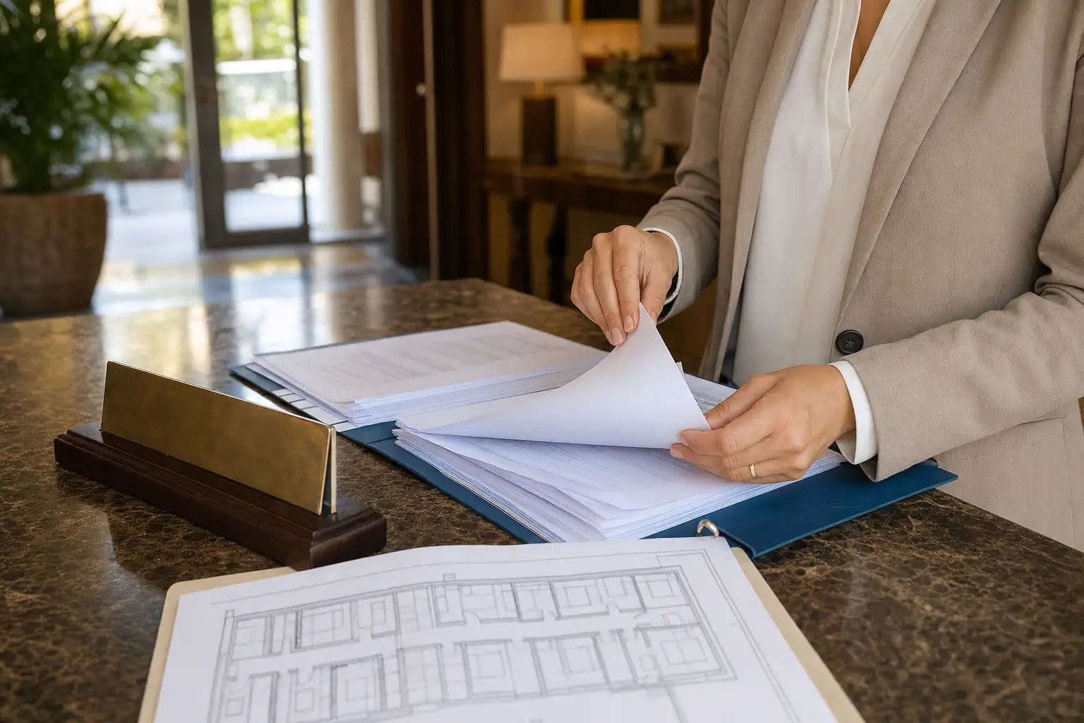 Carpeta de licencias del hotel revisada junto a la entrada del establecimiento.