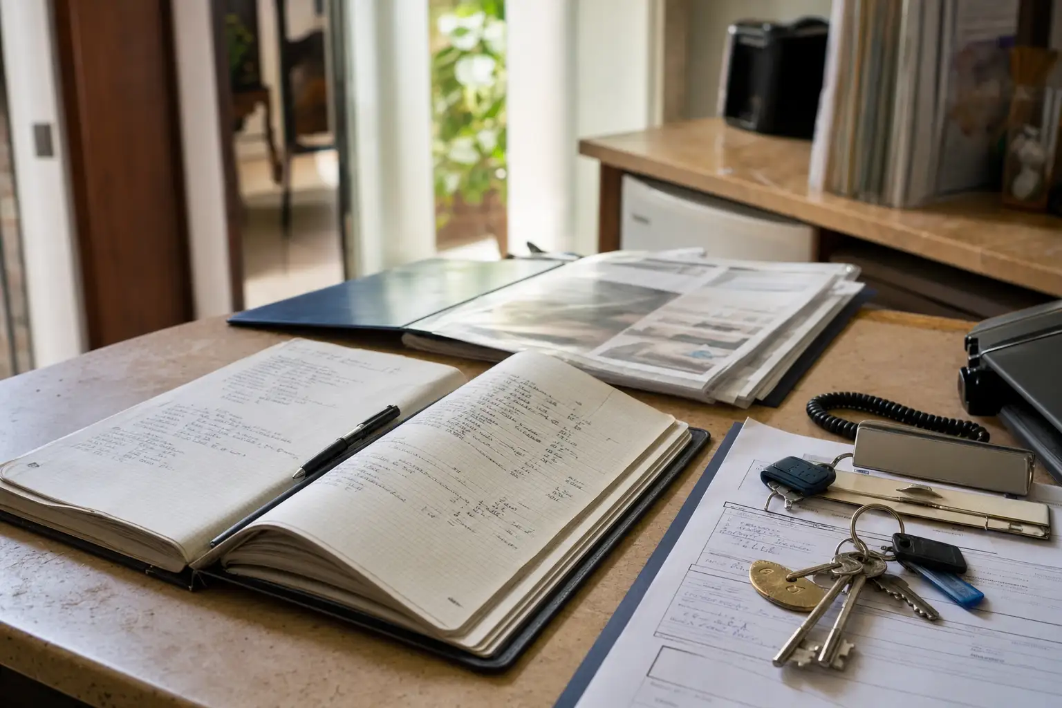 Cuaderno de incidencias abierto junto a llaves y partes de mantenimiento del hotel.