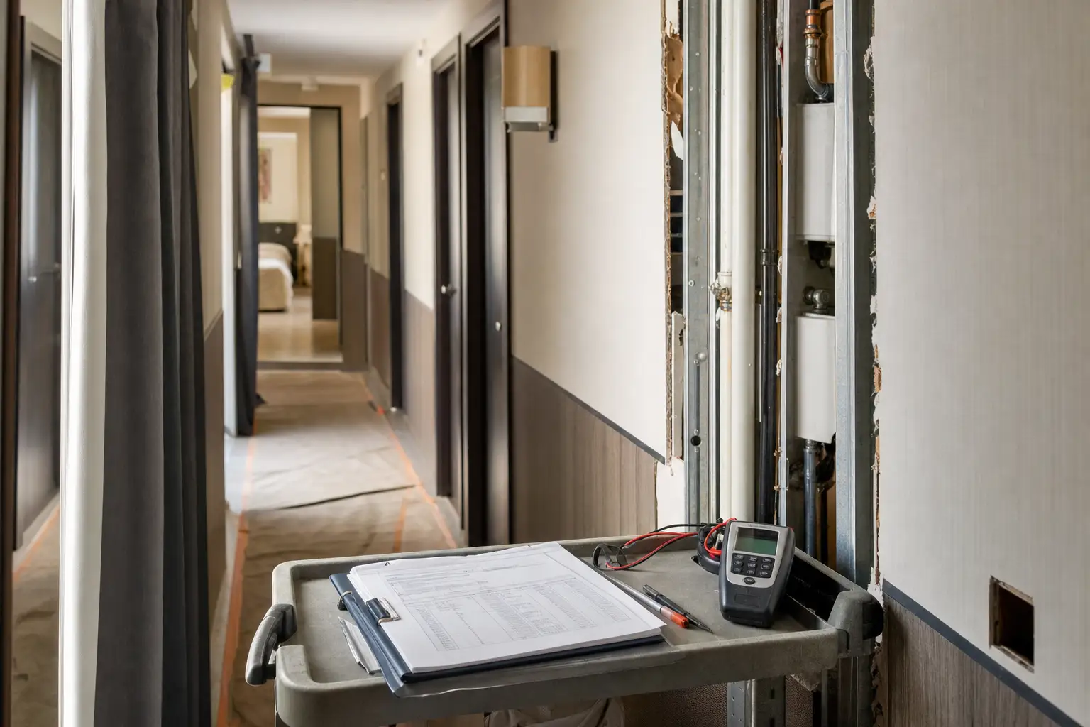 Pasillo de hotel con carpeta de presupuestos y herramientas de revisión de capex.